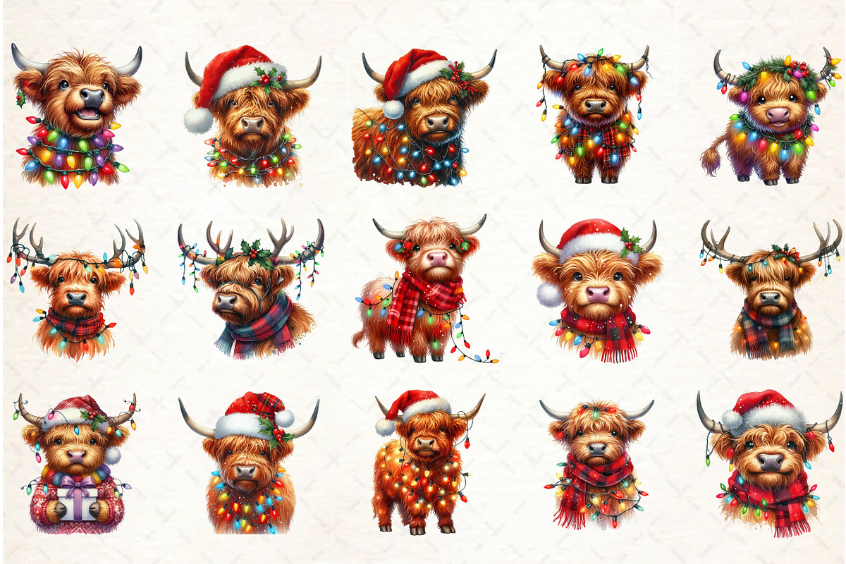 Cute Christmas Highland Cow Clipart, an Illustration by Libby Wishes (Photo 2 of 7)