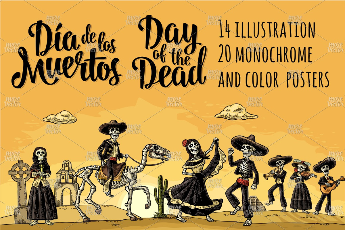 Bundle engraving mexican skeleton, an Illustration by MoreVector (Photo 1 of 14)