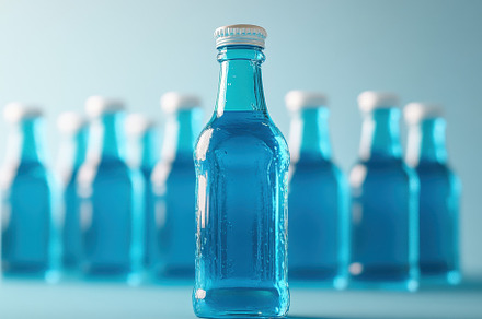 Bottle of blue liquid poured in mult, a Photo by Iftikhar Alam