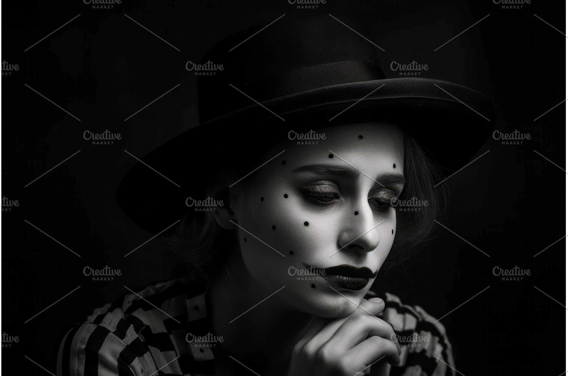 Sad clown black and white makeup, a Person Photo by Ylivdesign
