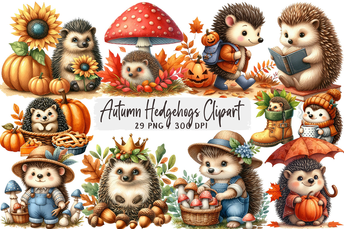 Autumn Hedgehogs Clipart, an Illustration by DreamArtGraphic (Photo 1 of 4)