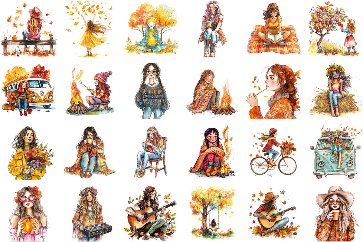 Vintage Fall Hippie Girl Clipart Bun, an Illustration by Sublimation Artist (Photo 2 of 6)
