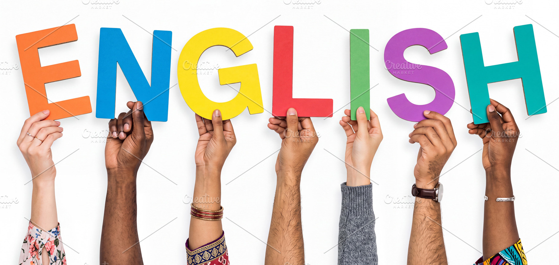 Diverse multiracial hands holding colorful cardboard letters for, a School & Education Photo by Volff