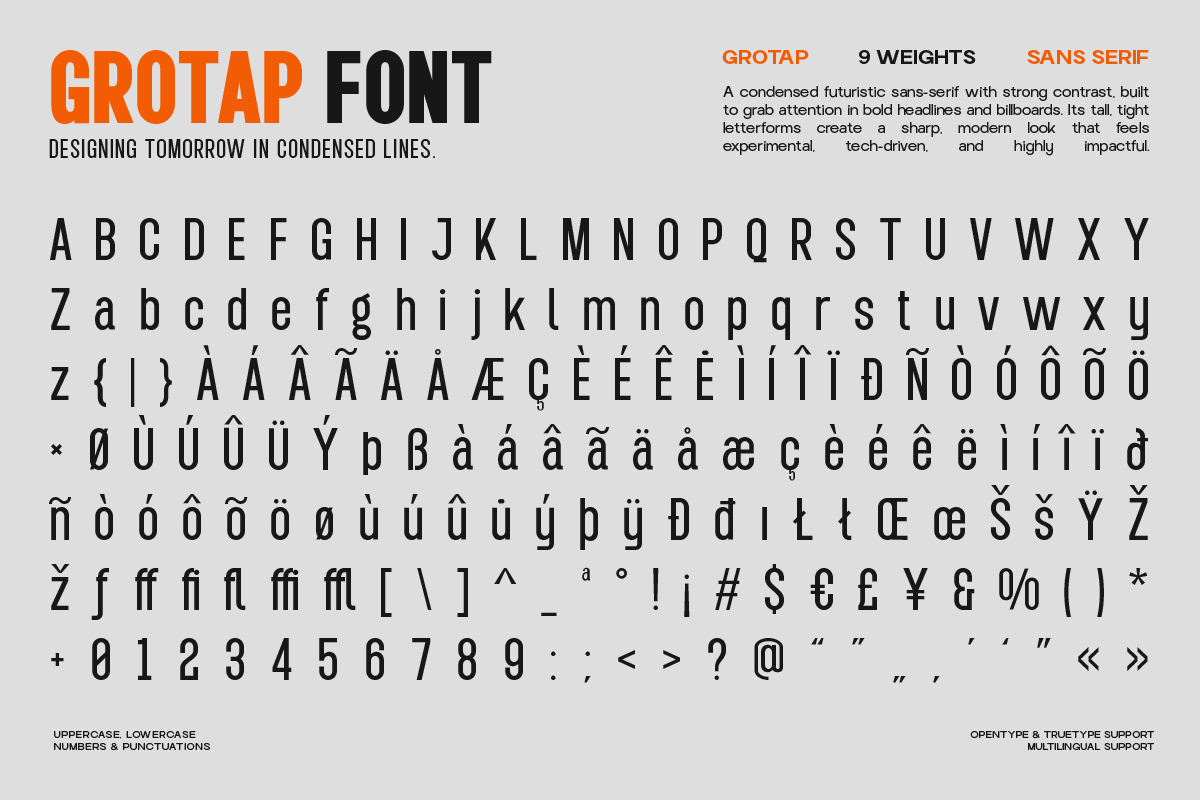 Grotap – A Modern Condensed Sans, a Sans Serif Font by roomspace creative lab (Photo 8 of 10)