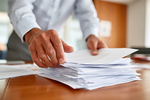Sorting papers on a wooden desk in an office, a Business Photo by AlyaAnd