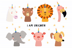Cute animals with unicorn horn set, an Animal Illustration by sceptical cactus