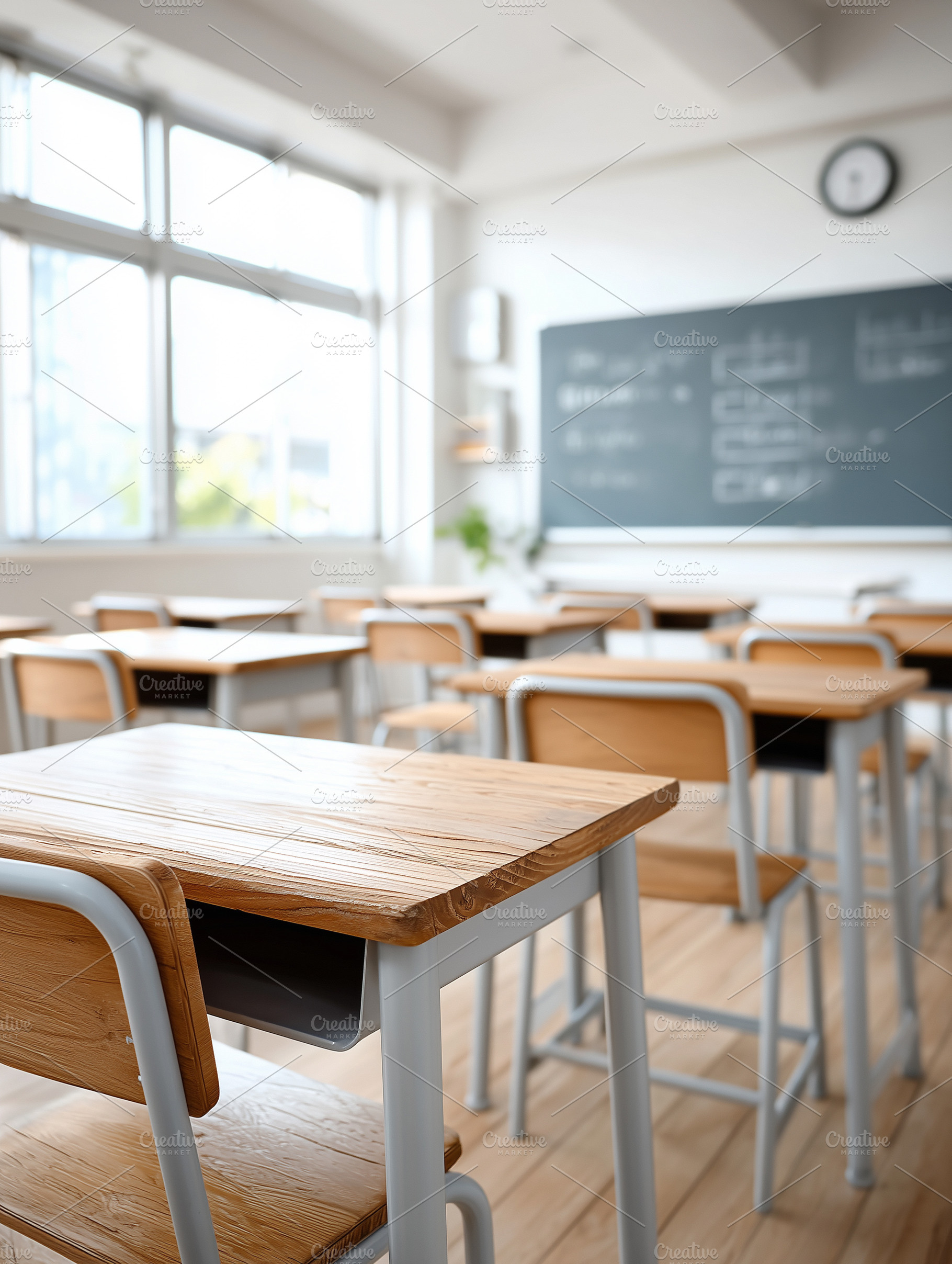 Empty bright classroom with wooden, a School & Education Photo by MistyDay