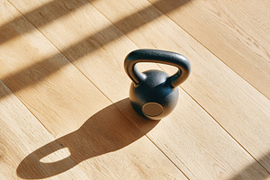 Kettlebell on wooden floor in sunlit room during early morning workout session, a Photo by AlyaAnd