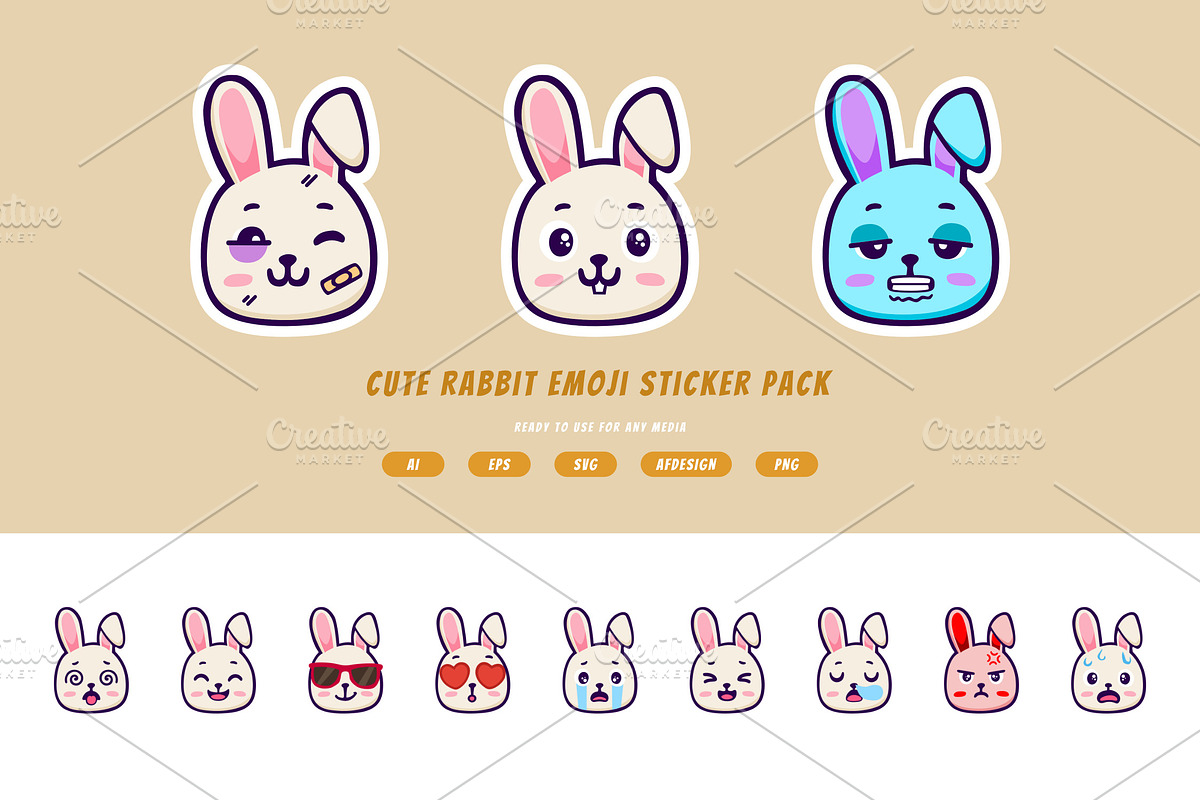 Cute Rabbit Emoji Sticker Pack, an Animal Illustration by itefan Studio