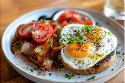 Tasty breakfast with fried eggs, a Food & Drink Photo by Ylivdesign