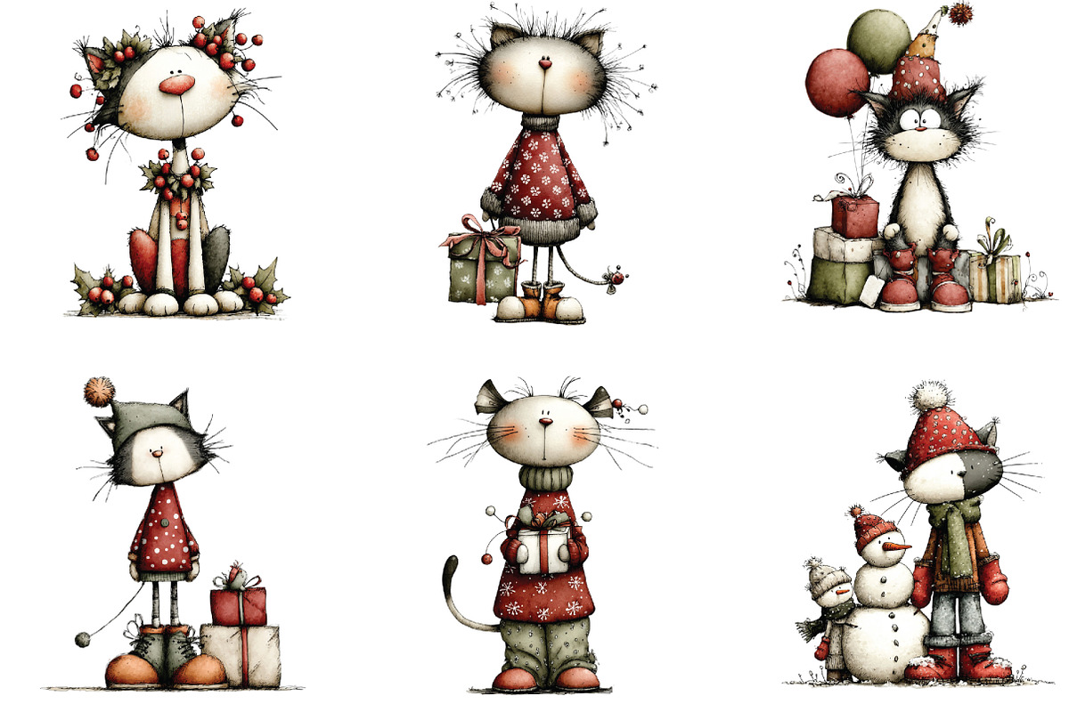Whimsical Christmas Cats Clipart, an Illustration by CraftArtStudio (Photo 2 of 6)