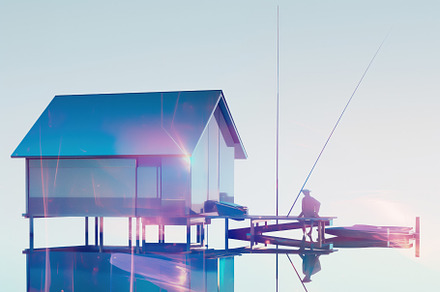 A serene scene featuring a modern, minimalist house on stilts by a calm body of, an Arts & Entertainment Photo by Textures & Backgrounds
