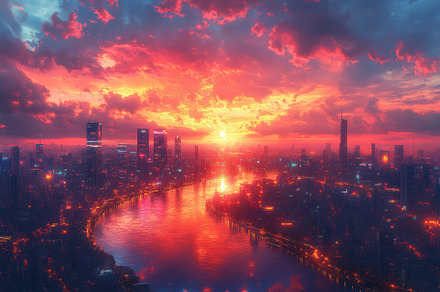 Vibrant sunset over a sprawling city, a Photo by Tanuart