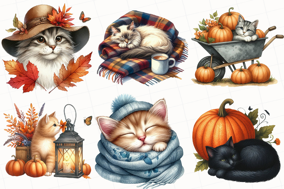 Watercolor Autumn Cat Clipart, an Illustration by OK Design (Photo 4 of 5)