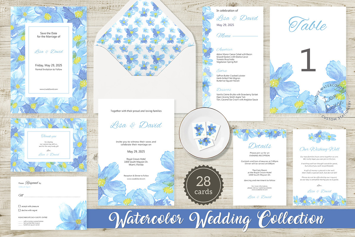 Blue Flower Watercolor Wedding Suite, an Invitation Template by Love Design (Photo 1 of 13)