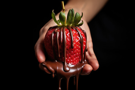 Woman hand holding a strawberry dipp, a Photo by Iftikhar Alam
