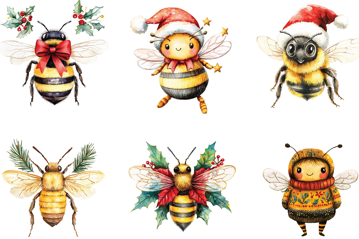Watercolor Cute Christmas Bee PNG, a Work Illustration by CraftArtStudio (Photo 3 of 6)