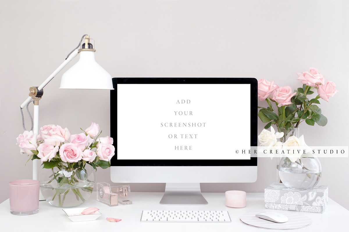 Computer Mockup, Pink & White Roses, a Product Mockup by Her Creative Studio