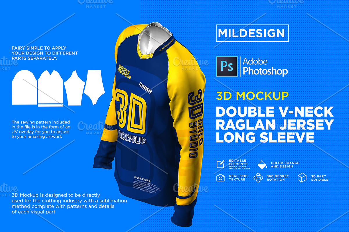 3D Double V-Neck Raglan Jersey LS, a Shirt Mockup by Mildstudio (Photo 5 of 8)