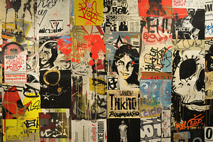 A vibrant collage of urban street art featuring various graffiti styles, poster, a Background Graphic by Textures & Backgrounds