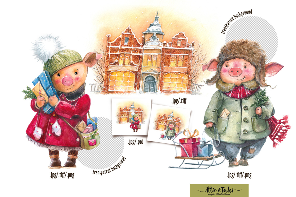 Watercolor Cute Christmas Pigs, a Graphic by atticandtales (Photo 2 of 6)