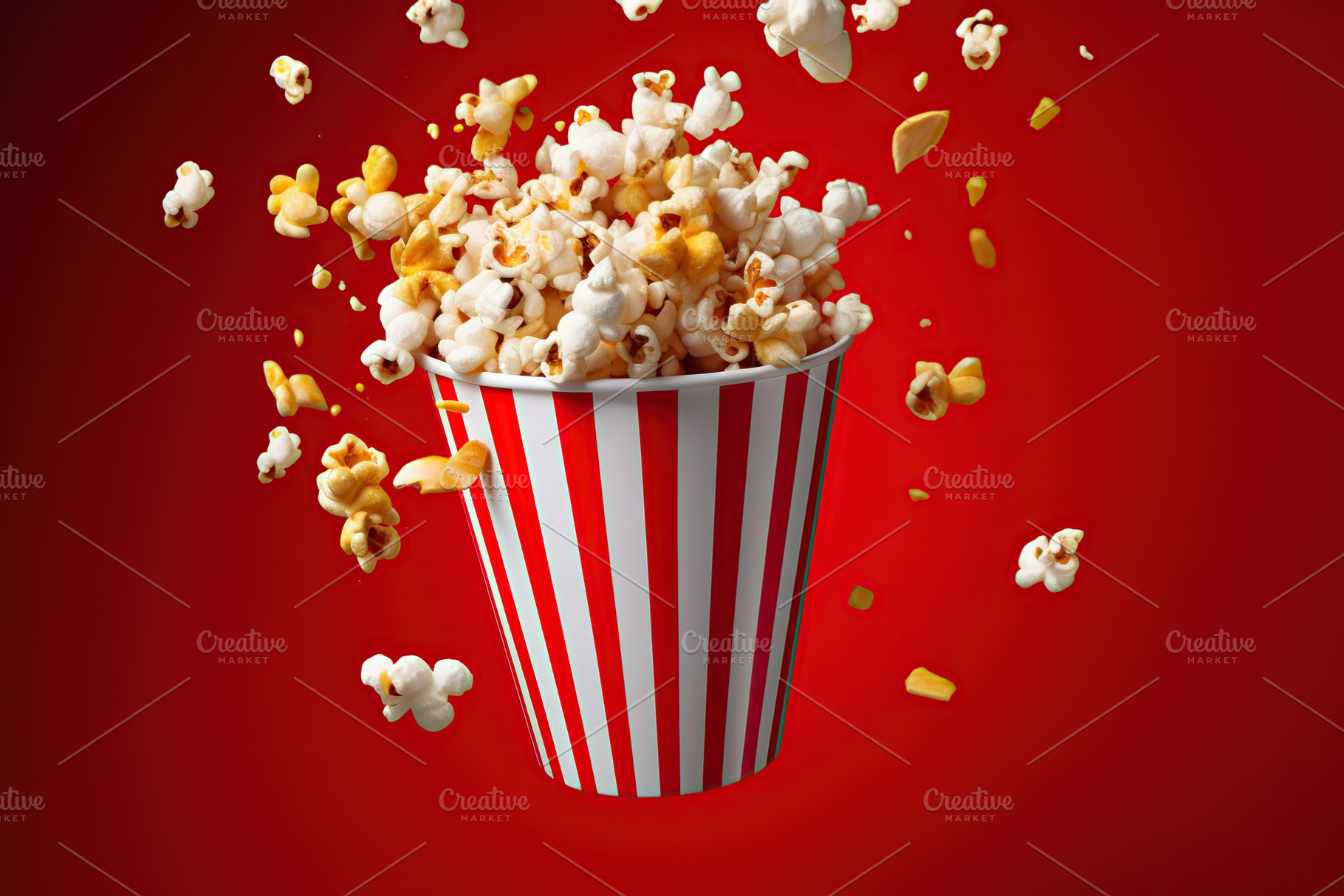 Paper cup with popcorn on red background, a Food & Drink Photo by AlyaAnd