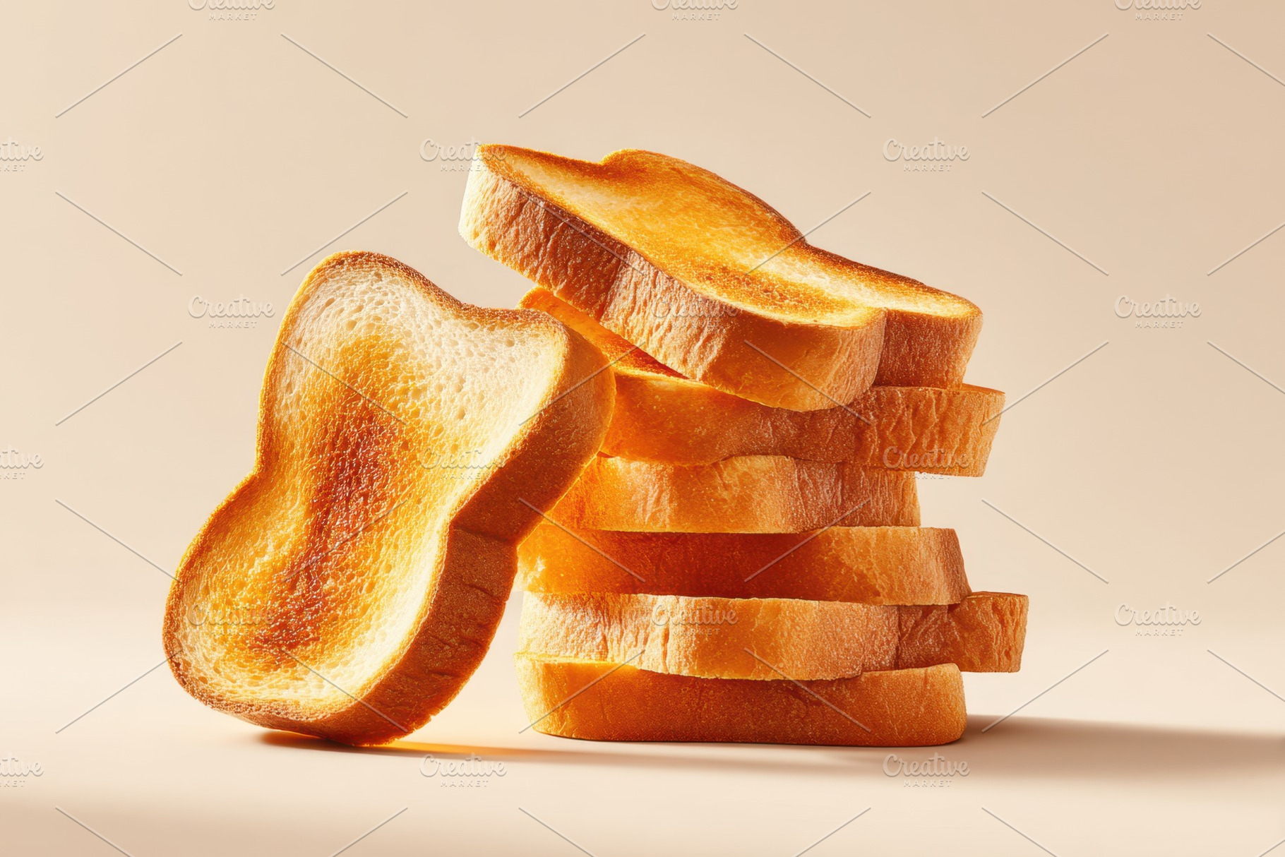 Stack of toasted bread slices on beige background, a Food & Drink Photo by AlyaAnd