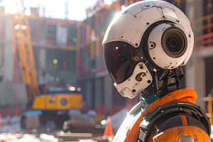 Construction robot worker wearing helmet on active building site, a Technology Photo by GoodGoods
