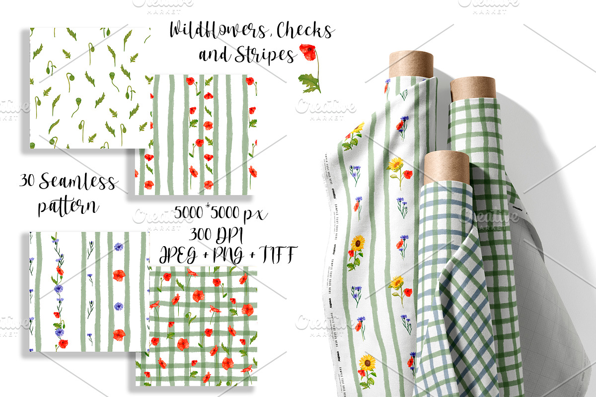 Wildflowers, stripes, checks bandle, a Pattern Graphic by Oksana Dovhopol Art (Photo 1 of 23)