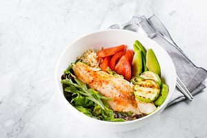 Healthy salad fish bowl with zander featuring healthy, food, and zander