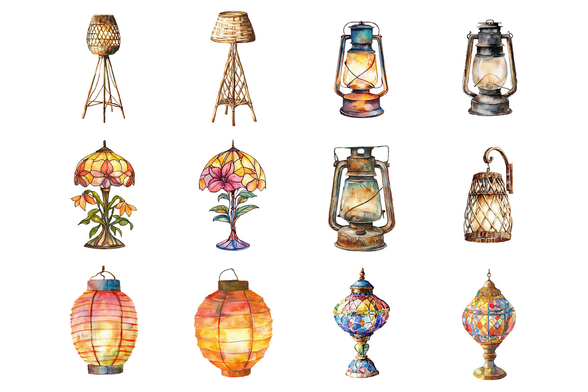 Watercolor Vintage Lamps Clipart, an Illustration by Design Market (Photo 3 of 3)