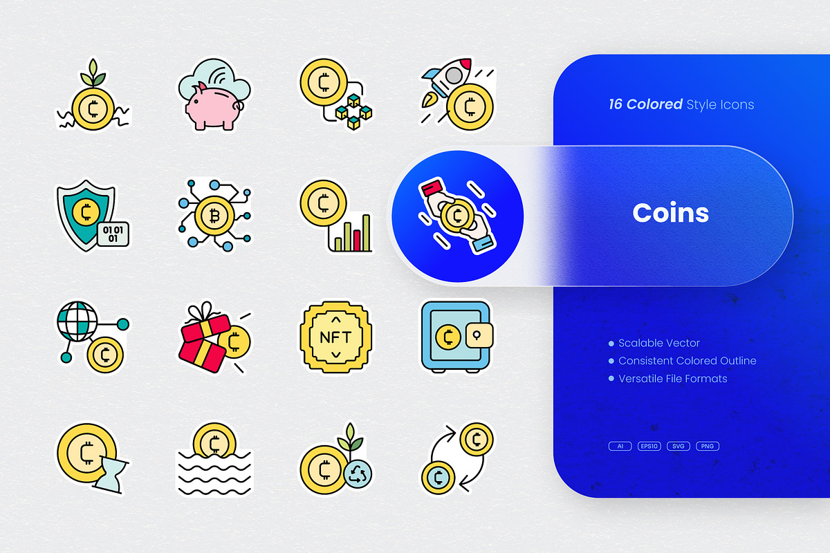 Coins Colored Icons, an Outline Icon by cidcud_graphic