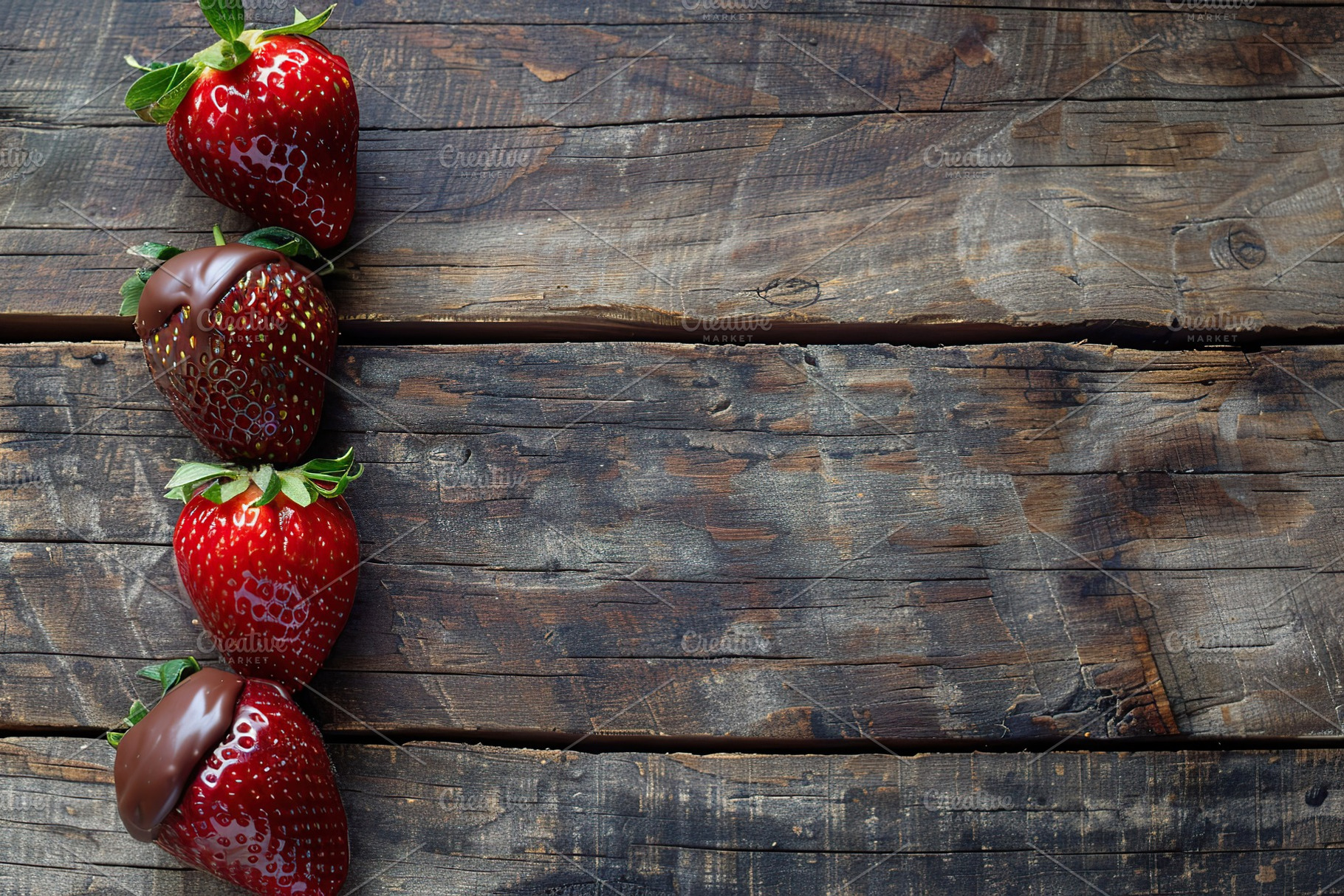 Red strawberries with chocolate on wooden table, a Food & Drink Photo by AlyaAnd