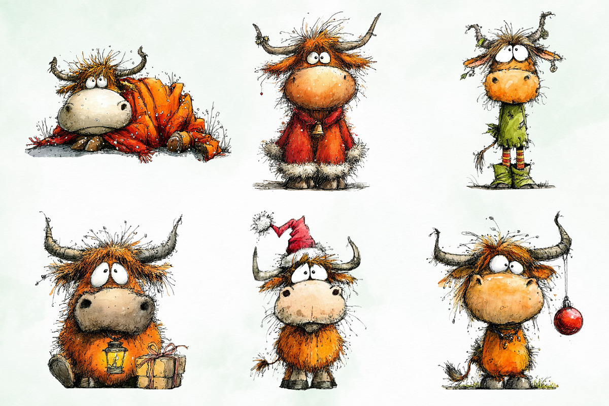 Grumpy Christmas Highland Cow Bundle, an Illustration by Creative Art (Photo 2 of 11)