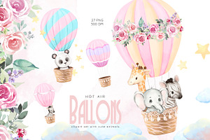 Hot Air Balloons Watercolor Animals