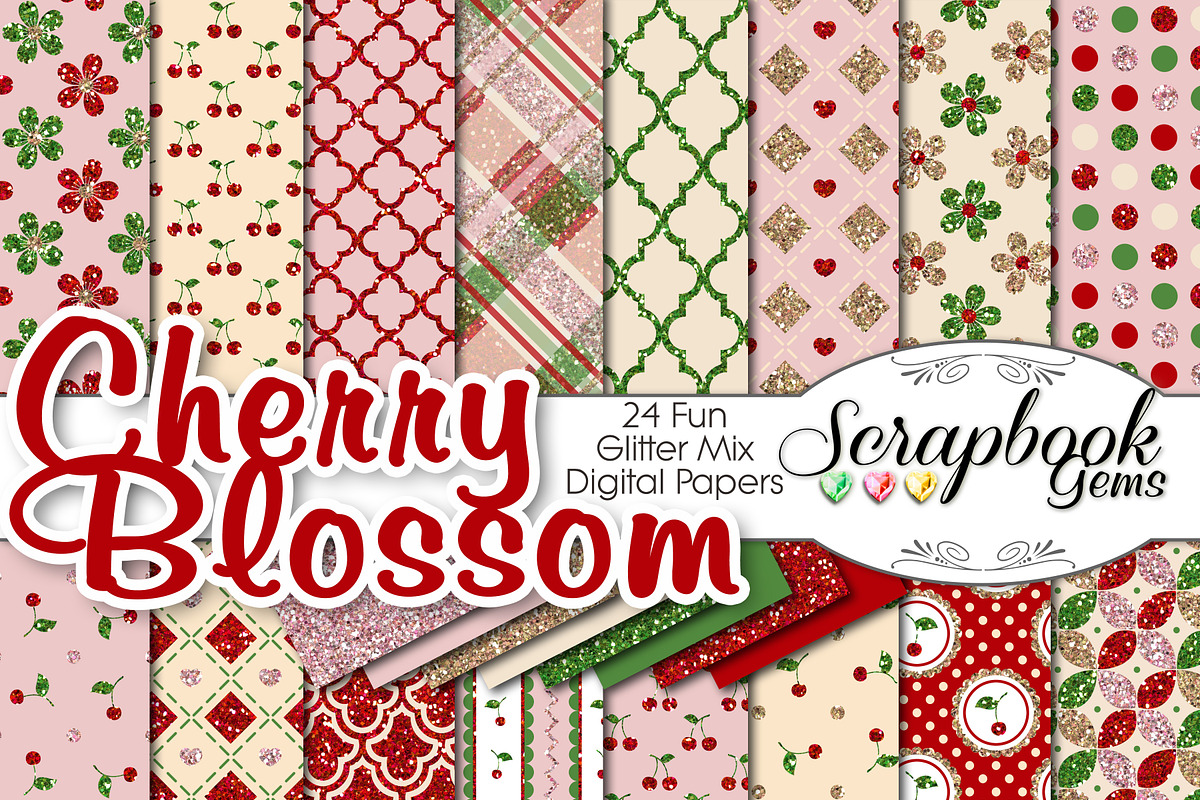 Cherry Blossom Glitter Digital Paper, a Pattern Graphic by Scrapbook Gems