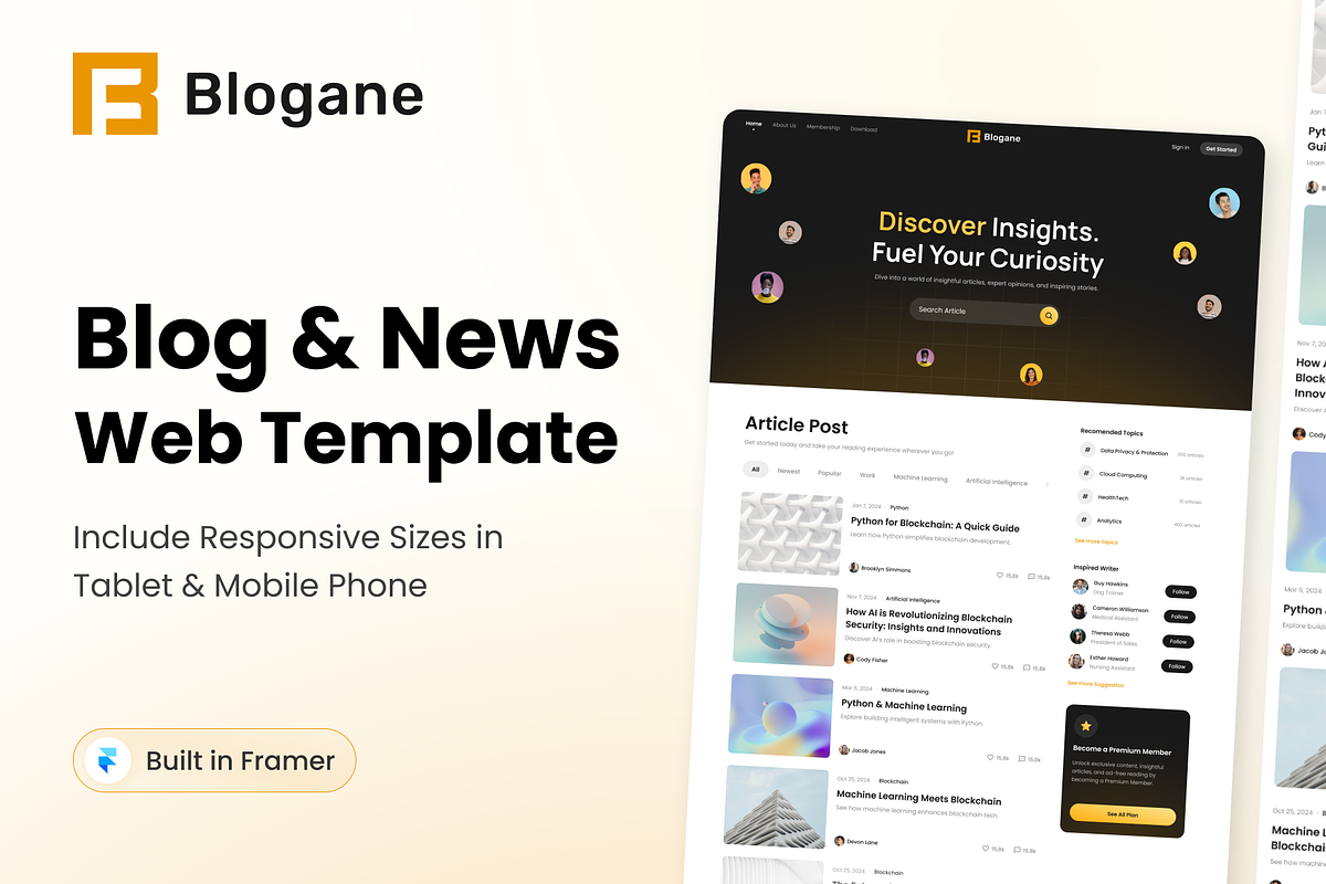 Blogane - Framer Template for Blog, a Landing Page Template by Agensip Design Agency (Photo 1 of 10)