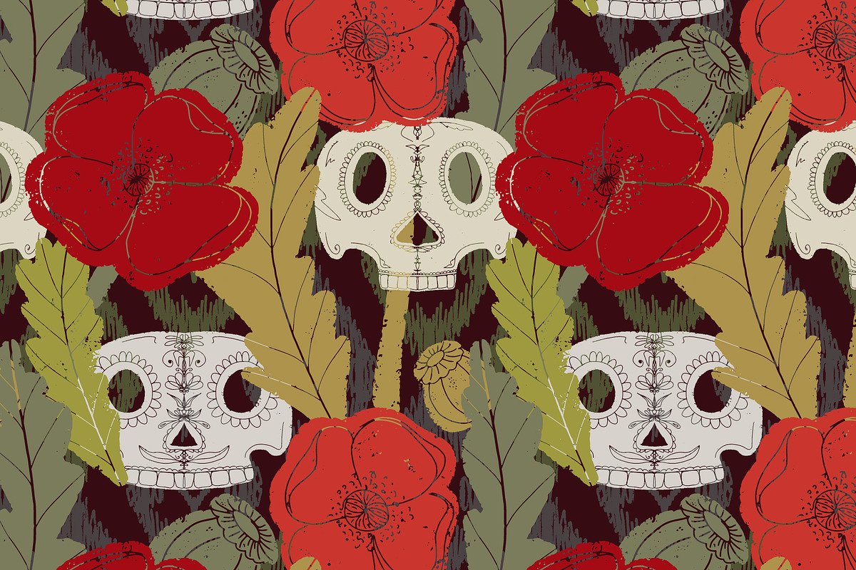 Folk art pattern poppy, sugar skull, a Pattern Graphic by NayaChu (Photo 1 of 10)