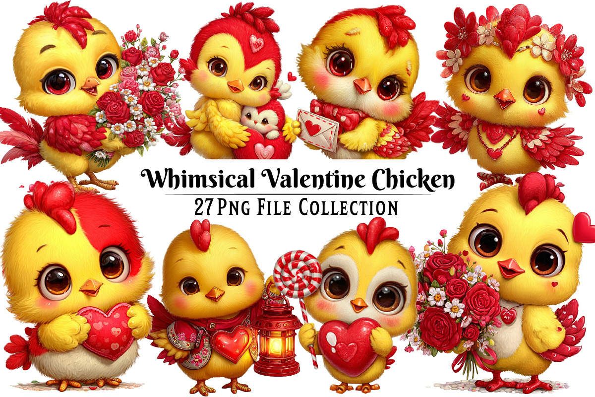 Whimsical Valentine Chicken Clipart, an Illustration by Dream Creation (Photo 1 of 6)