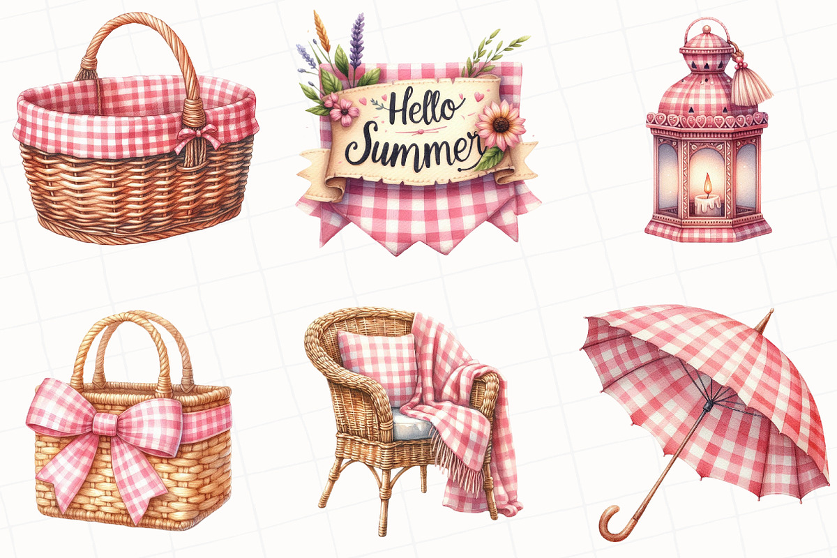 Bohemian Pink Gingham Summer Clipart, an Illustration by OK Design (Photo 2 of 5)