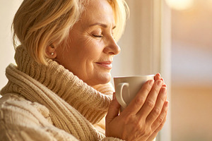 Middle-aged woman with eyes closed, holding a warm cup with both, a Health & Medical Photo by DanFLCreativo