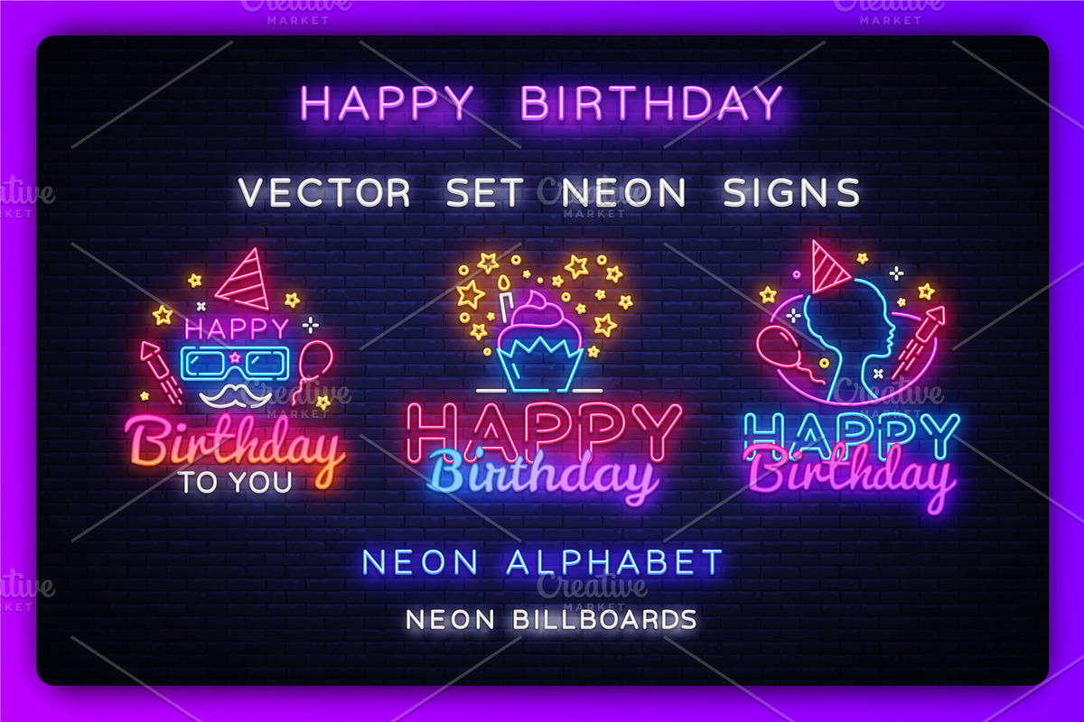 Happy Birthday Neon Signs, a Decorative Illustration by Soifer Design (Photo 1 of 3)