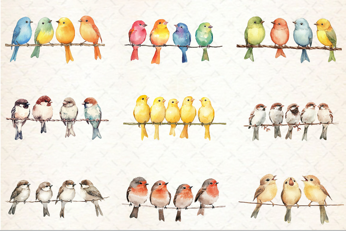 Watercolor Birds on a Wire Clipart, an Illustration by Rose Art (Photo 3 of 3)