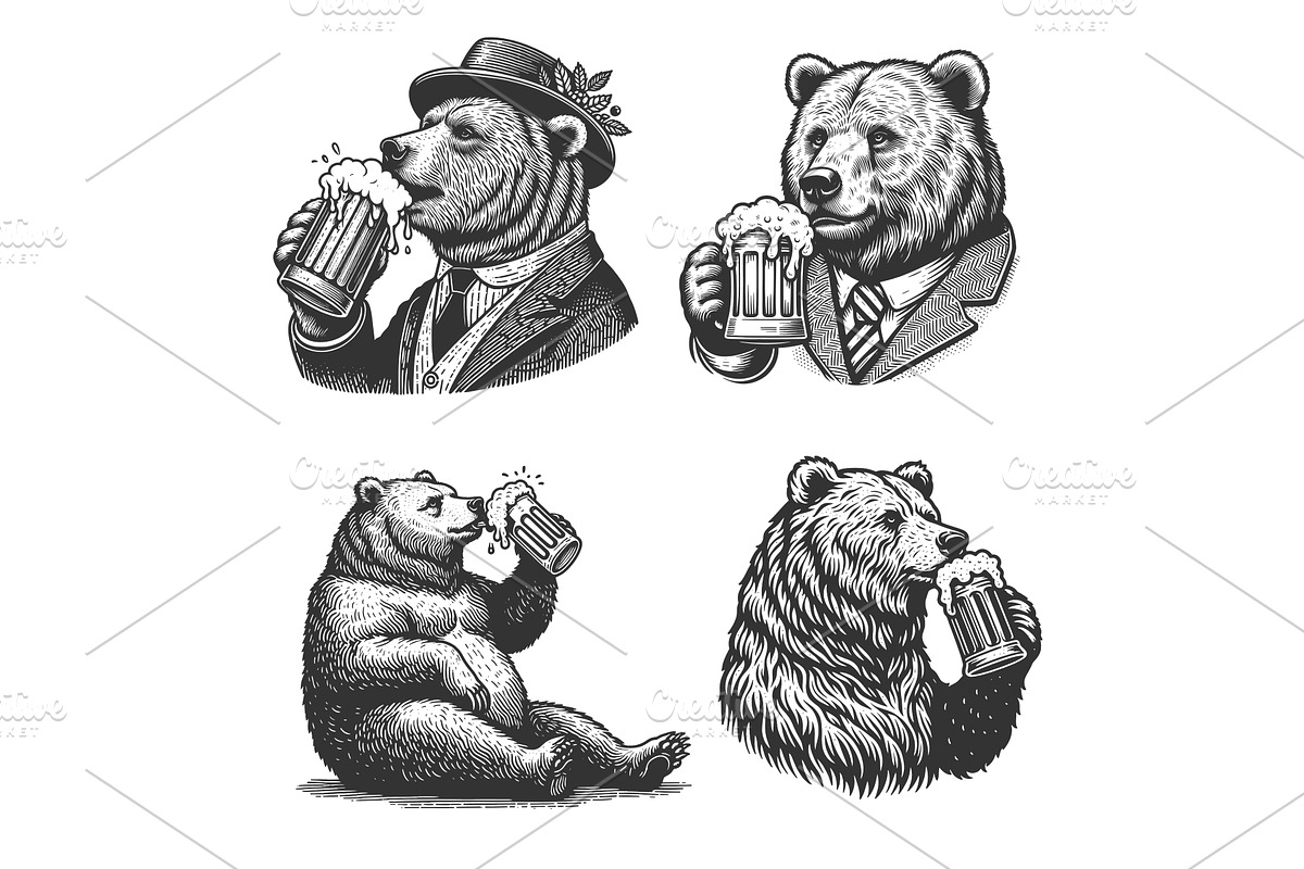 Bear Enjoying Beer engraving set, an Animal Illustration by AlexArt