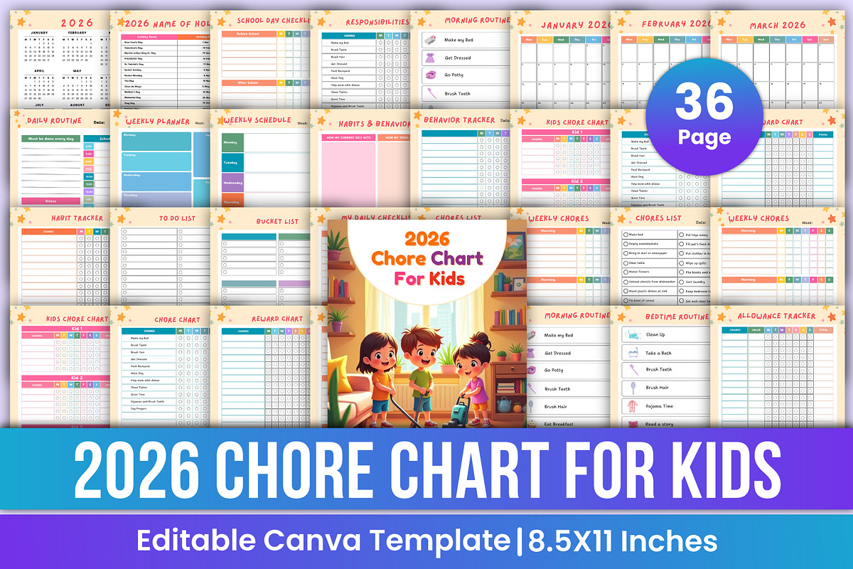 2026 Chore Chart for Kids Canva Kdp, a Stationery Template by Mustafiz (Photo 1 of 5)