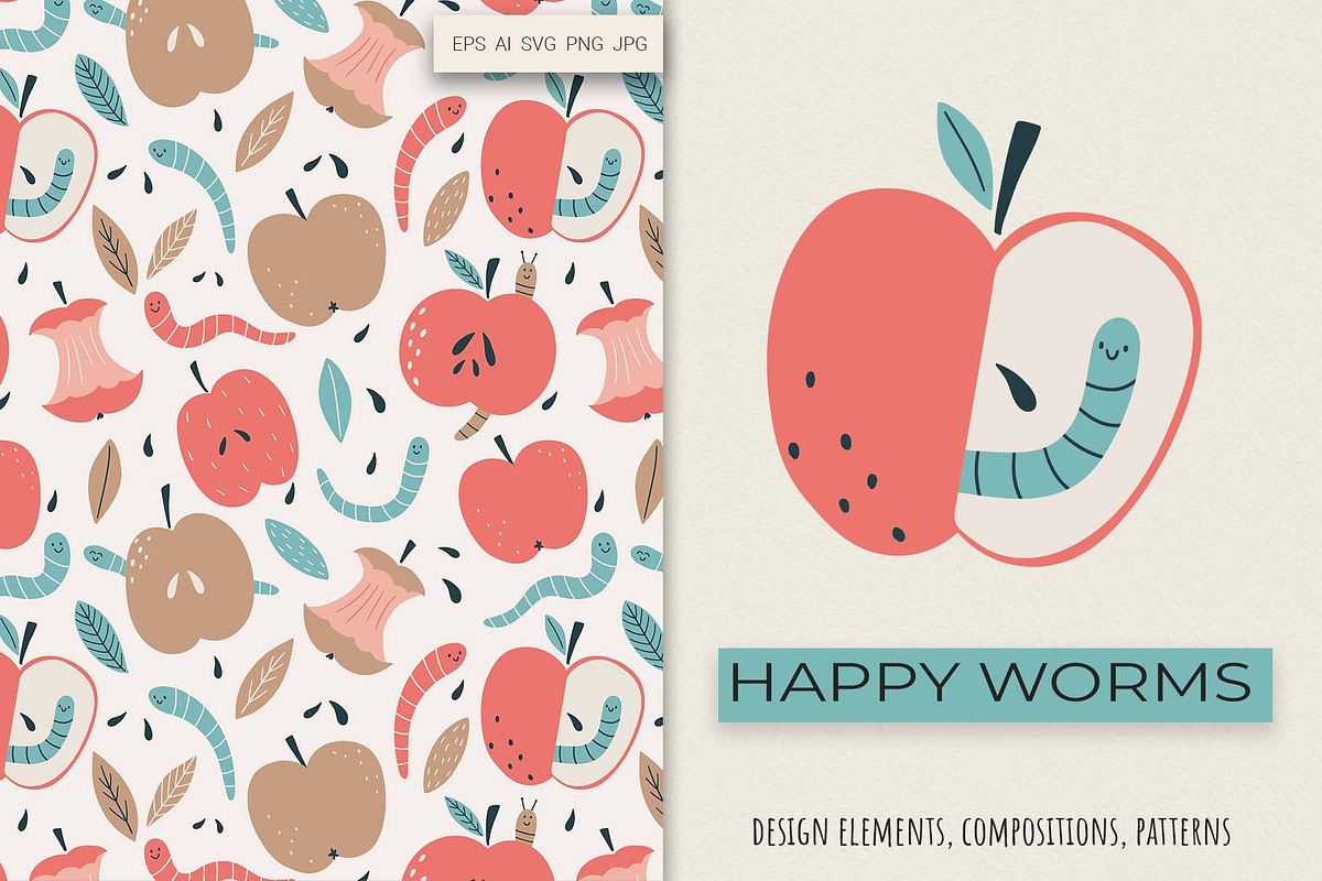 Happy Worms & Apples Clipart, a Food Illustration by Irina Ostapenko (Photo 1 of 6)