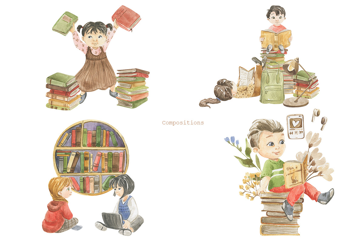 Children and books, watercolor set, an Education Illustration by Love Watercolor Store (Photo 8 of 10)