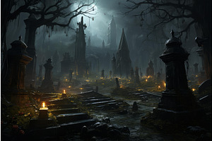 Mysterious Gothic Cemetery At Night