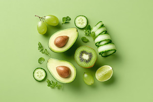 Fresh fruits and vegetables flat lay on green background, a Food & Drink Photo by AlyaAnd
