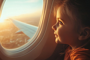 Child Gazing at Sunset from Airplane Window with Wonder, an Abstract Photo by Natalia Klenova's Shop